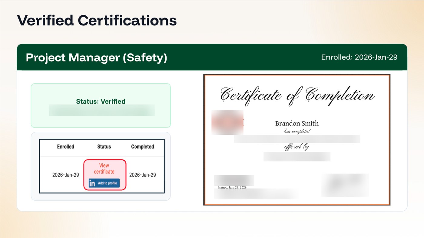 A verified certification record showing Status: Verified, a certificate of completion issued to Brandon Smith, and a one-click Add to profile button for LinkedIn