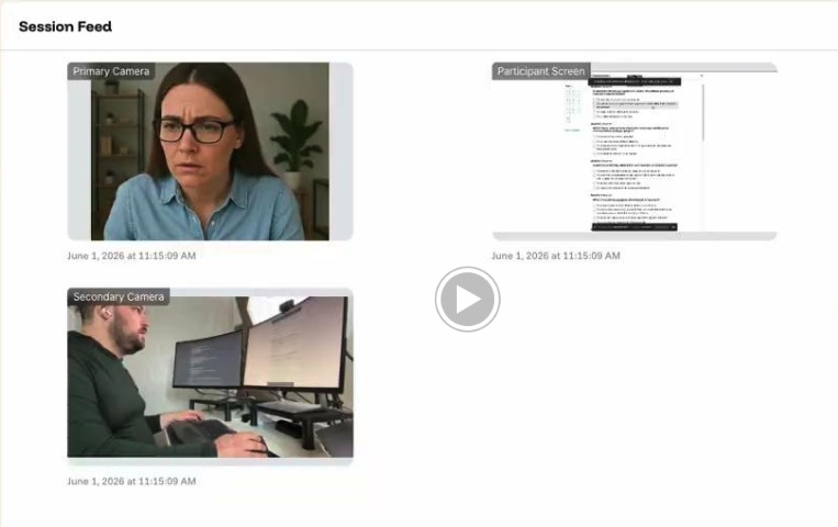 Integrity Advocate session record showing three synchronised views: a primary camera with a compliant candidate, the participant screen showing the assessment, and a secondary camera revealing a different person working at a separate multi-monitor desk