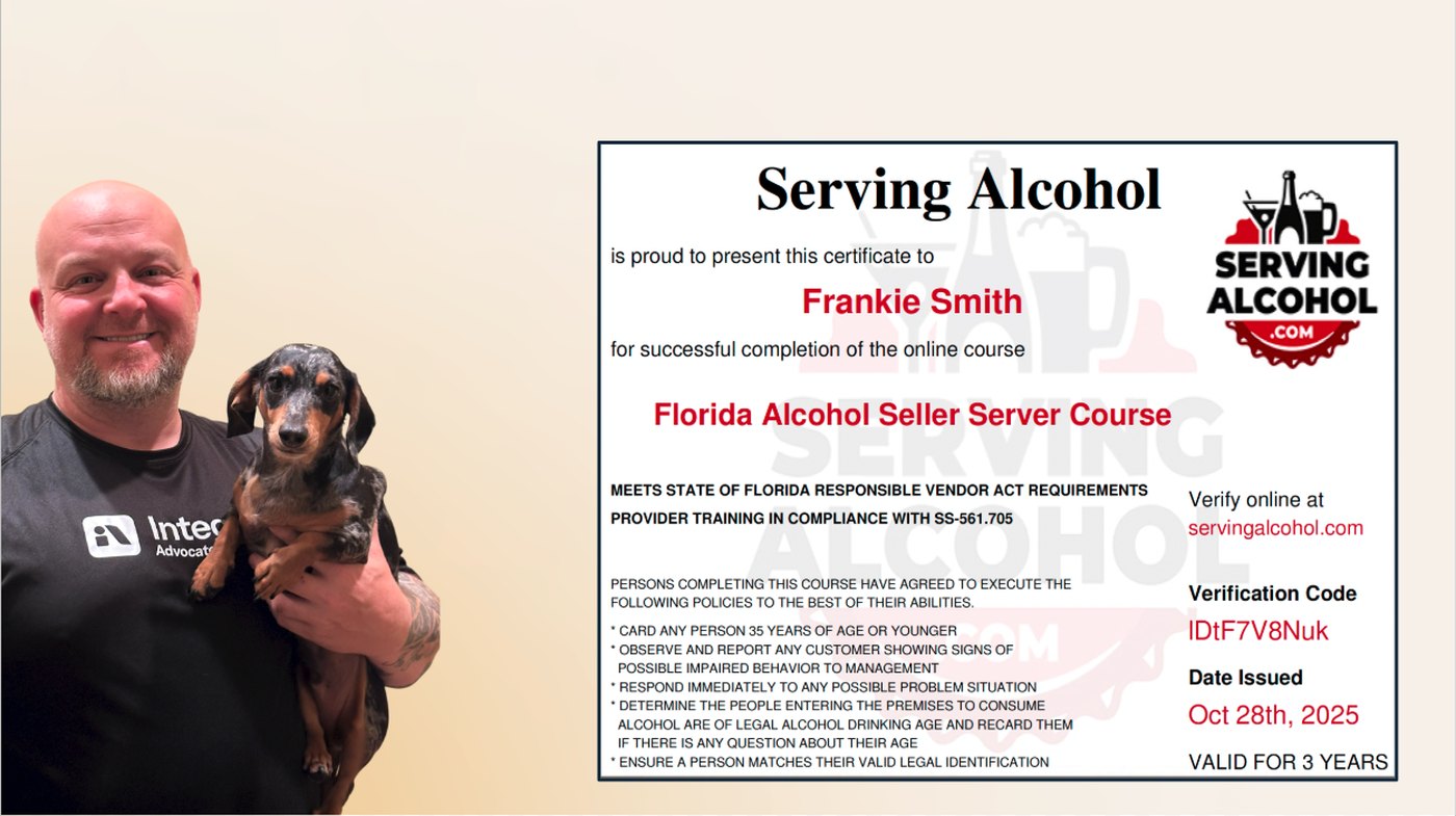 Brandon Smith holding Frankie the dachshund, next to the Florida Alcohol Seller Server certificate issued to Frankie Smith, dated October 28 2025